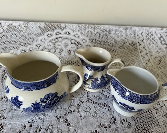 Three Vintage Willow Pattern Milk Jugs / Creamers including Alfred Meakin and Churchill