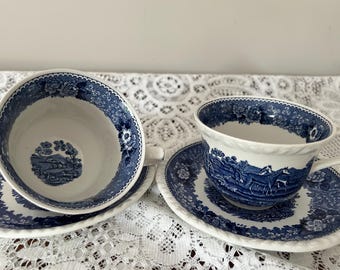 2 Adam’s Ironstone English Scenic Blue Breakfast Cups and Saucers