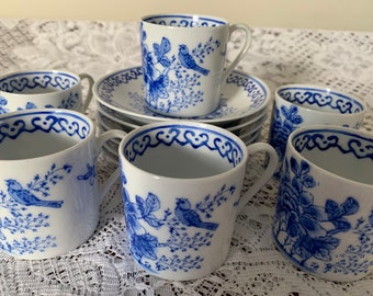 Six Bone China Blue and White Espresso Cups and Saucers from Hong Kong