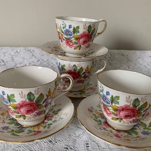 4 Vintage Paragon Bone China Floral Tea Cups and Saucers