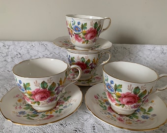 4 Vintage Paragon Bone China Floral Tea Cups and Saucers