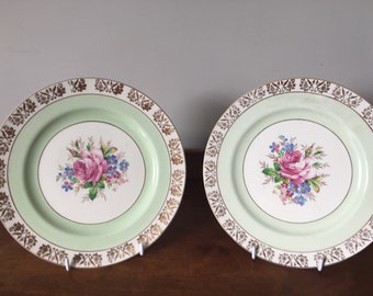 A pair of vintage J & G Meakin Sol china cake plates with pink roses and gilding