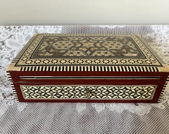 Vintage Middle Eastern Box with Mother-of-Pearl Inlay, with Key 10" by 6.2"
