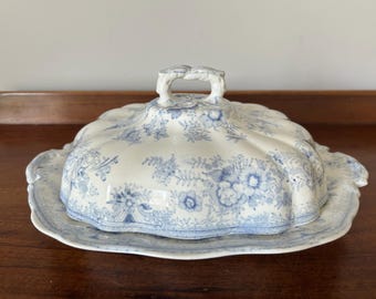 Antique Asiatic Pheasant Ironstone Blue And White Serving Dish With Lid