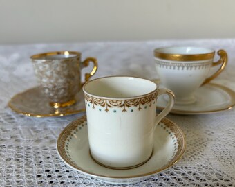 3 Vintage Mismatched White and Gold Demi Tasse