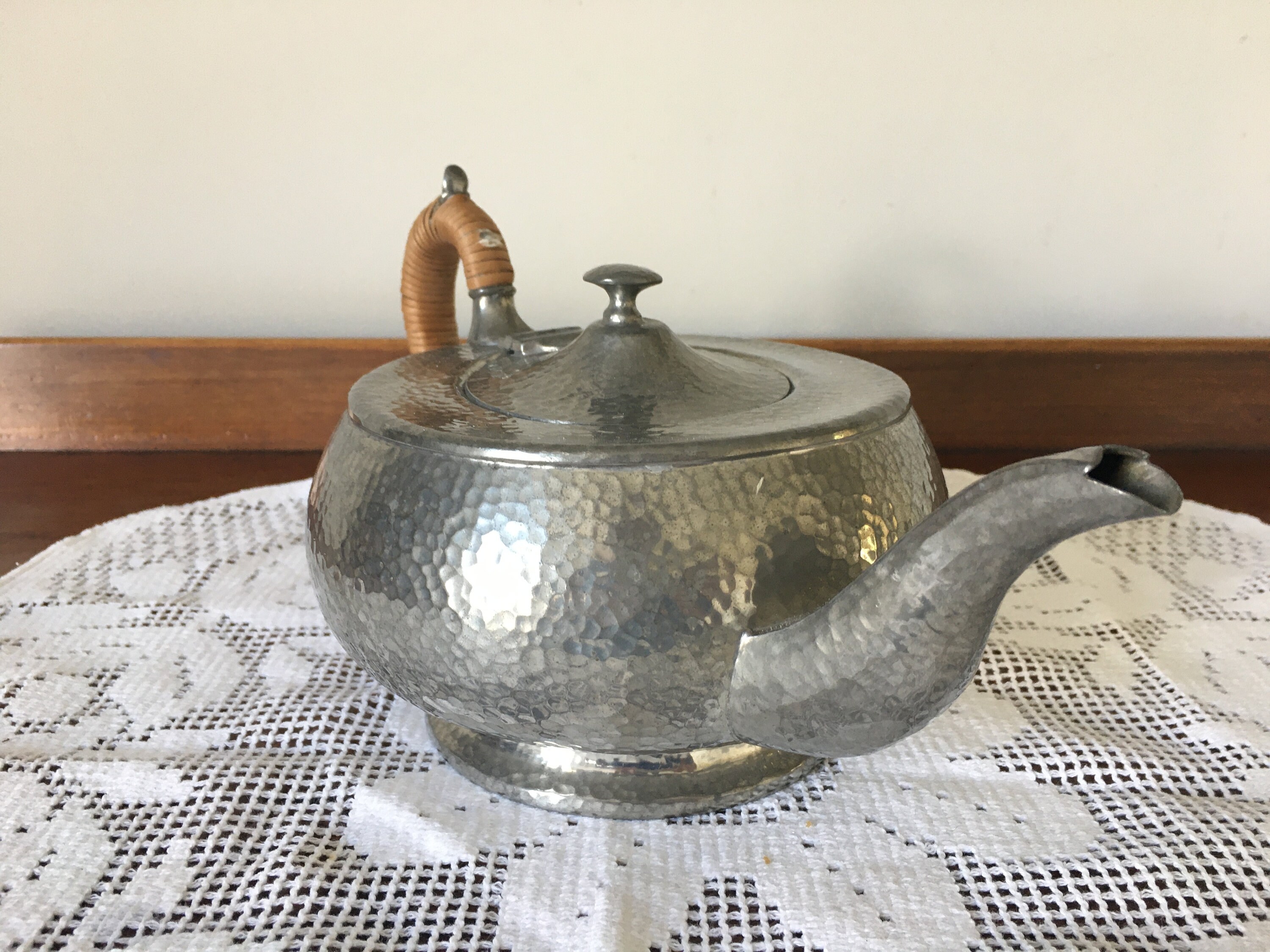 Antique Lion Pewter Teapot hammered with cane handle Etsy