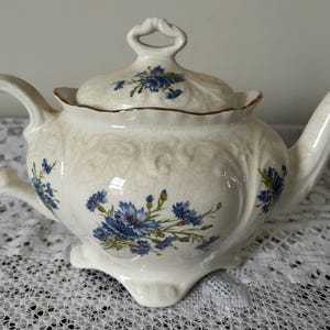 Pode incluir: Uma chaleira de porcelana branca com um design floral com flores azuis e verdes. A chaleira tem uma tampa com uma borda dourada e uma alça decorativa.