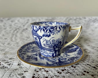 Vintage Riyal Crown Derby Demitasse and Saucer - Blue and White Mikado Pattern