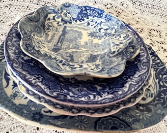 5 Antique Blue and White Small Plates / Dishes - includes Blue Italian, British Scenery, Willow Pattern