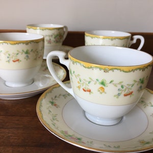 4 Art Deco Noritake Tea Cups and Saucers - Pale Yellow Floral Pattern
