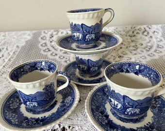 4 Adams Ironstone English Scenic Blue Espresso Cups and Saucers