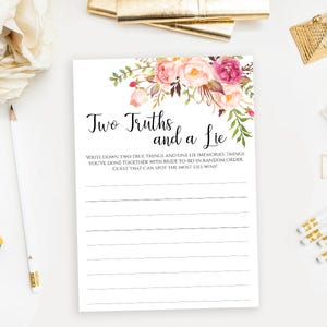 Two Truths and a Lie game Printable floral Two Truths One Lie template Wedding Bachelorette party activities Instant download PDF JPEG image 1