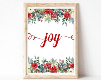 Joy sign Christmas red calligraphy wall art Vertical modern watercolor Xmas printable signs Instant digital download 4x6 5x7 8x10 template