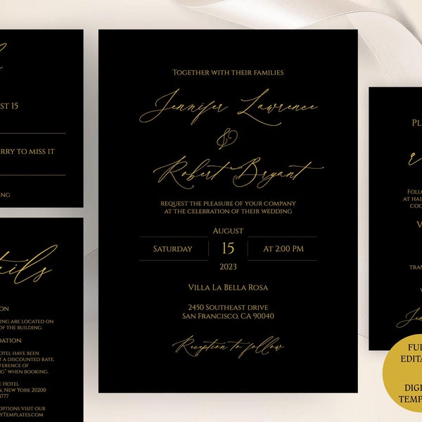 Black and Gold Wedding Invitation, Wedding Invitation Suite Template, Editable & Printable, Templett Digital Download