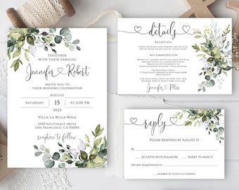 Boho Wedding Invitation Template, Eucalyptus Wedding Invitation Suite, Editable & Printable Invite, Templett - Digital Download