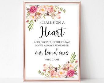 Please sign a Heart and drop in the frame printable Floral Wedding heart guest book sign Instant download PDF JPEG template 4x6 5x7 8x10