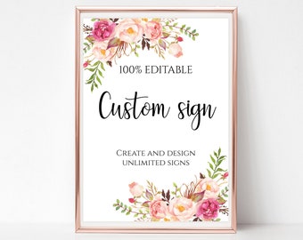 Editable custom Wedding sign template Self edit in TEMPLETT Printable blush floral Bridal Shower table top signs Instant download