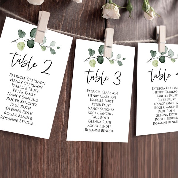 Greenery Wedding Seating Chart Cards, Eucalyptus Seating Chart Template, Editable & Printable, Templett Instant Download