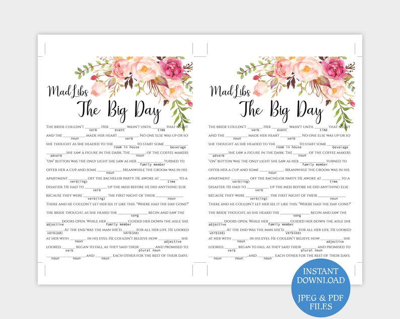 Wedding Mad Libs Story Game Printable Funny the Big Day Engagement ...