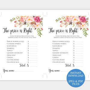 The Price is Right Bridal Shower Game Card Template Floral Bridal ...