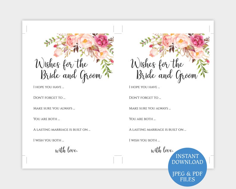 Wishes For The Bride And Groom Printable Wedding Advice Card Template