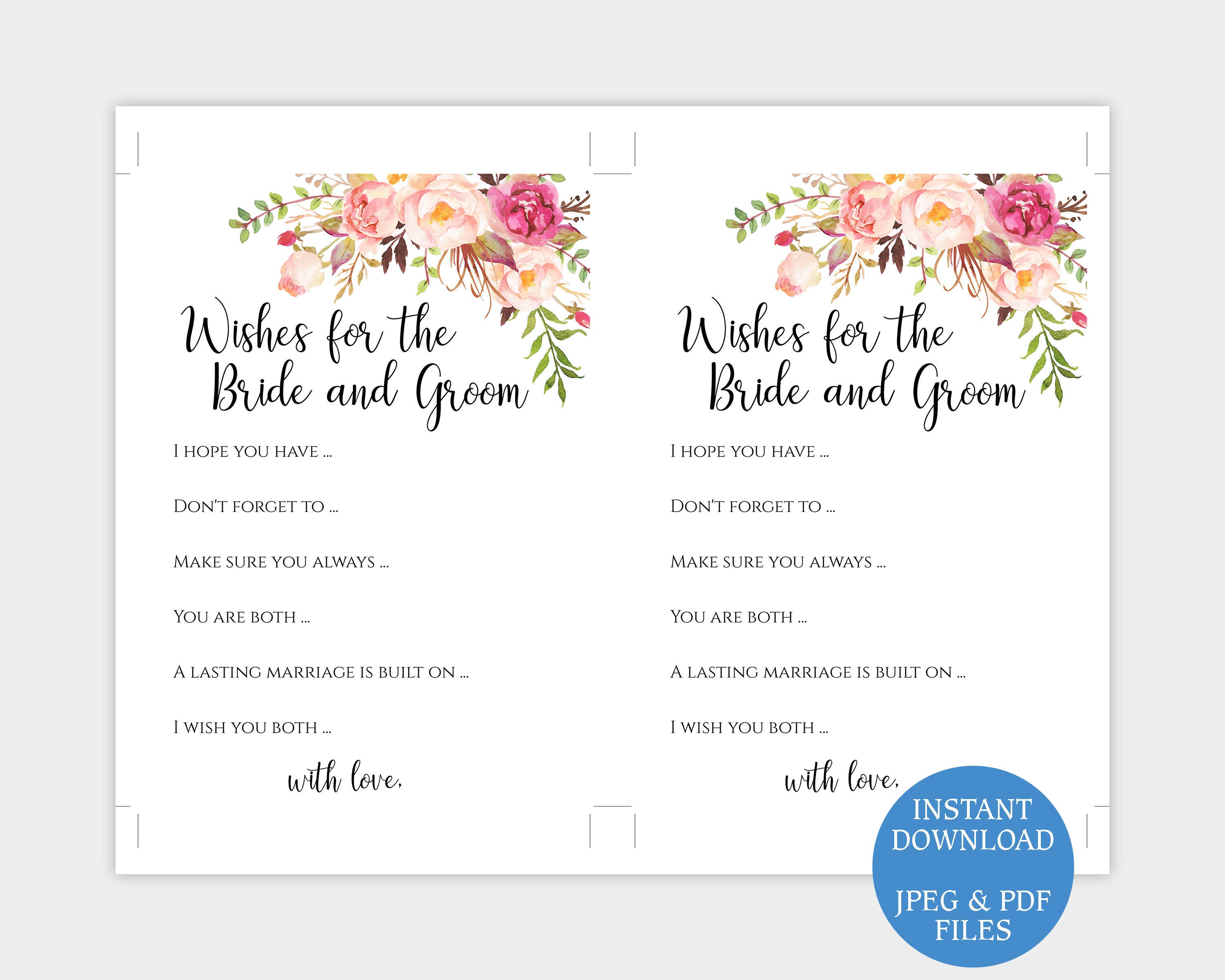 Wishes for the Bride and Groom Printable Wedding Advice Card Template ...