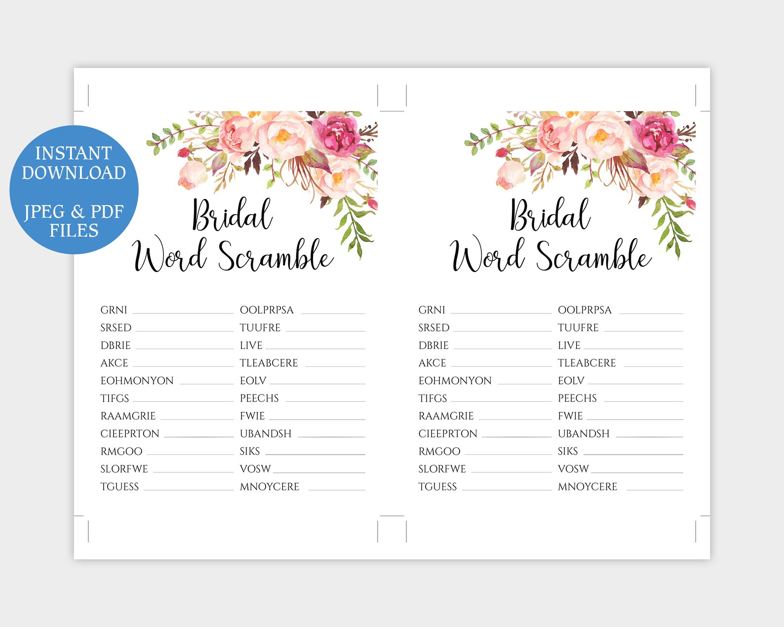 Bridal Word Scramble Game Printable Floral Bridal Shower - Etsy