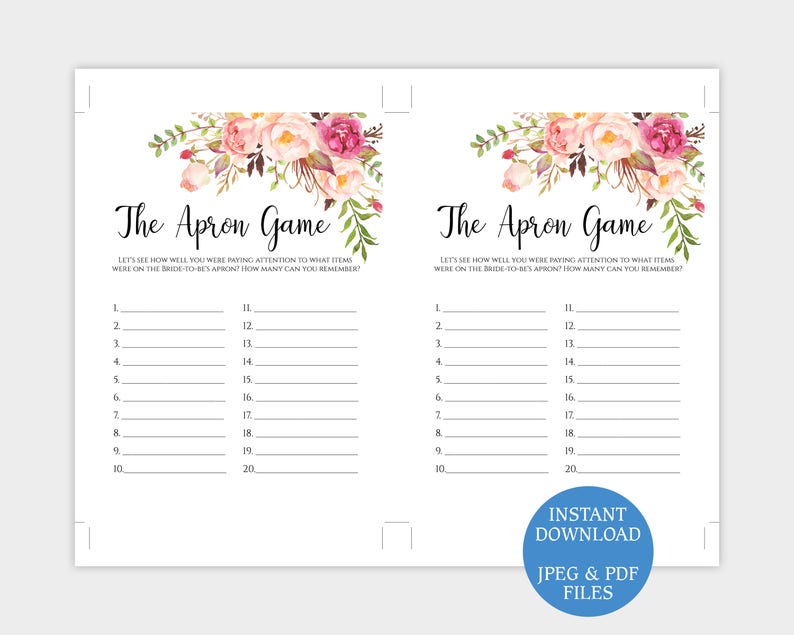 The Apron Game Printable Template Floral Bridal Shower Memory Etsy