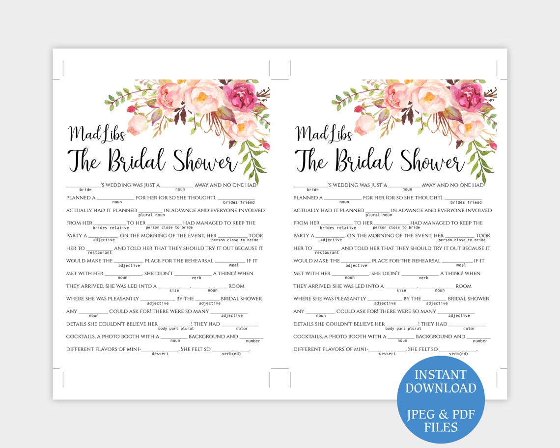 Mad Libs Bridal Shower Game Printable the Bridal Shower Bachelorette ...