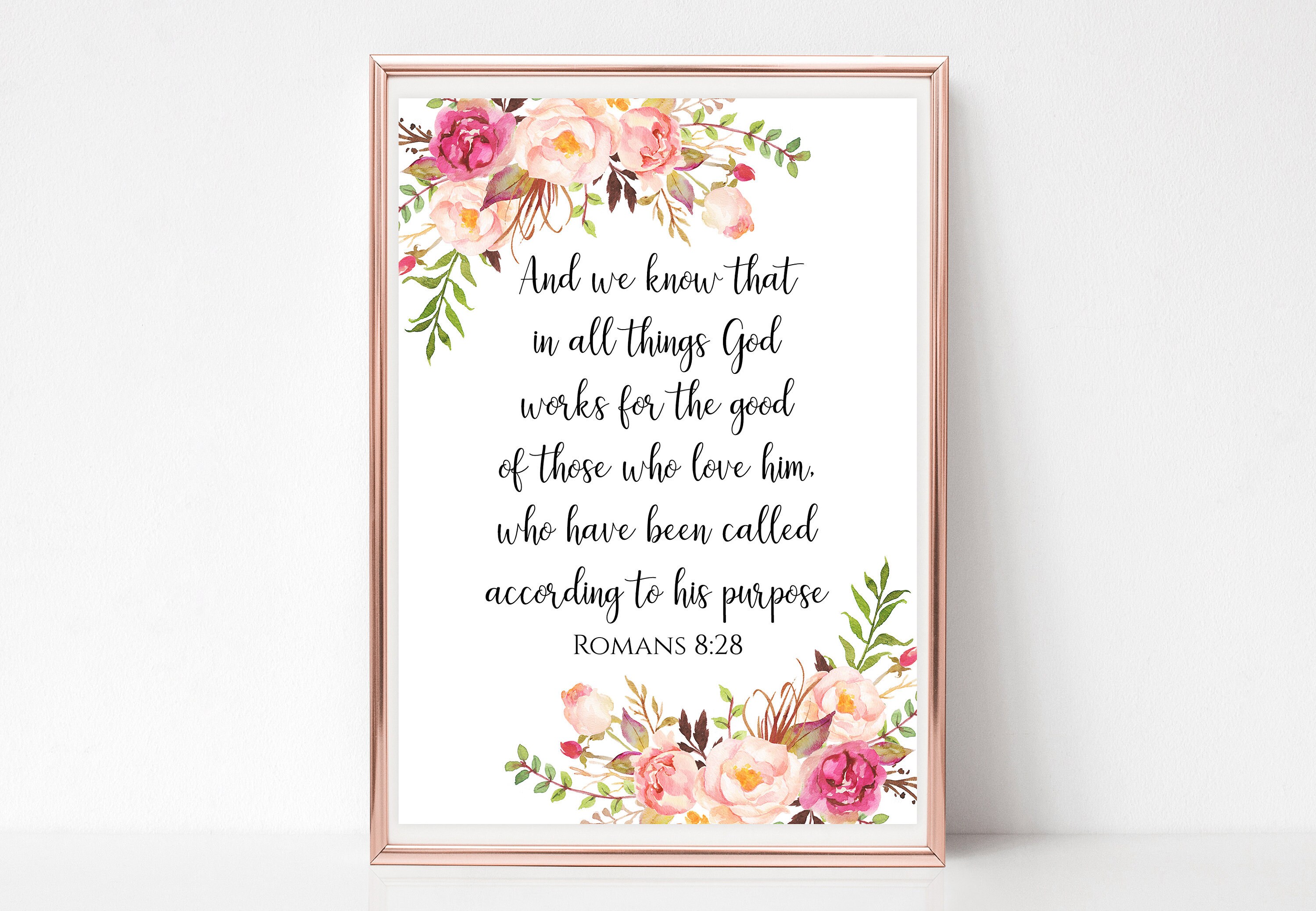 Romans 8 28 Sign Printable Bible Verse Wall Art Floral Watercolor ...
