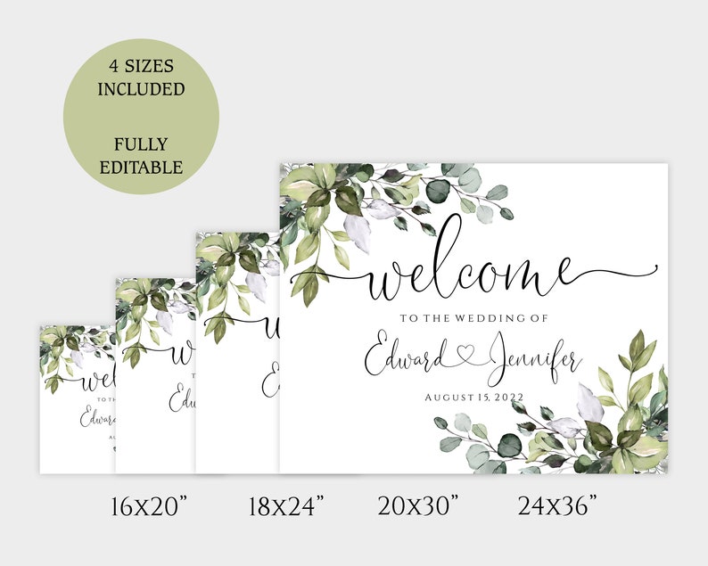 Greenery Wedding Welcome Sign, Boho Wedding Welcome Sign Template, Editable & Printable, Templett Digital Download image 2