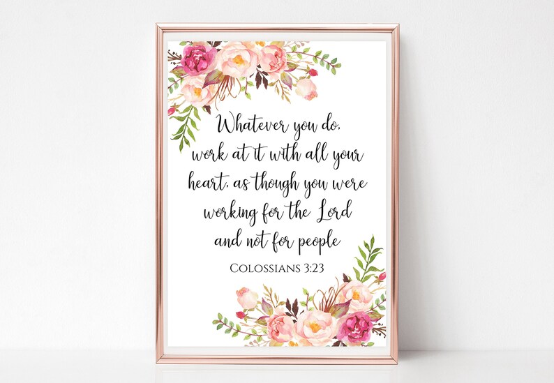 Colossians 3 23 Print Bible Verse Cards Pink Floral Watercolor Etsy