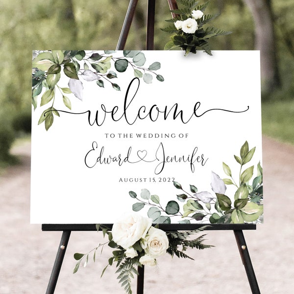 Greenery Wedding Welcome Sign, Boho Wedding Welcome Sign Template, Editable & Printable, Templett Digital Download