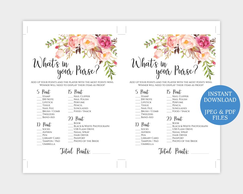 Floral What's in Your Purse Game Template Printable | Etsy