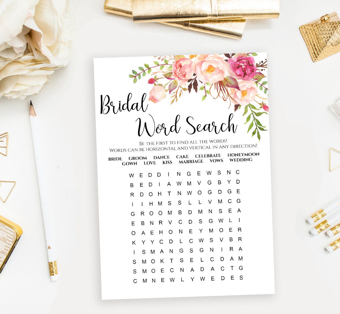 Bridal Word Search Game Printable Floral Wedding Word Search Template 