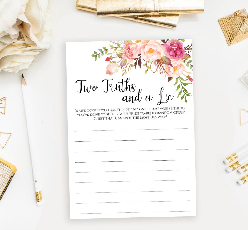 Two Truths and a Lie game Printable floral Two Truths One Lie template Wedding Bachelorette party activities Instant download PDF JPEG image 1