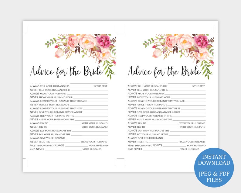 Floral Advice for the Bride Card Printable Bridal Shower - Etsy Australia