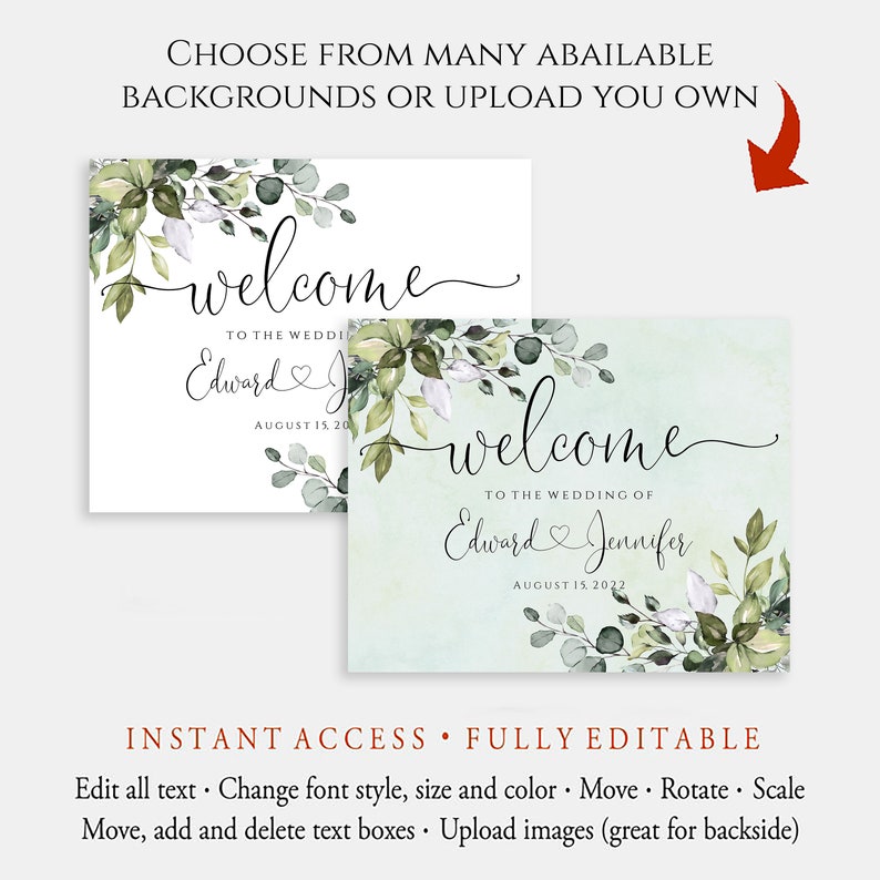 Greenery Wedding Welcome Sign, Boho Wedding Welcome Sign Template, Editable & Printable, Templett Digital Download image 3