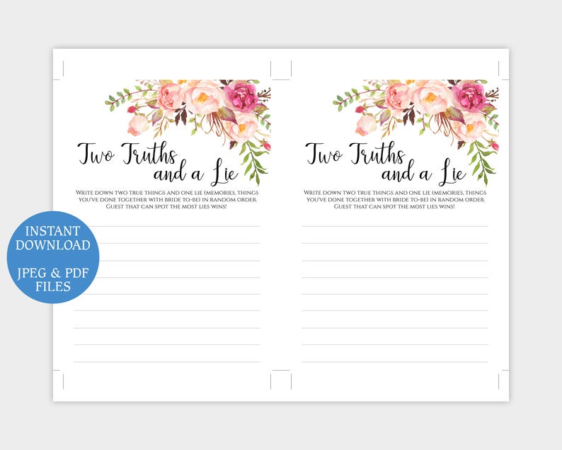 Two Truths and a Lie game Printable floral Two Truths One Lie template Wedding Bachelorette party activities Instant download PDF JPEG image 2