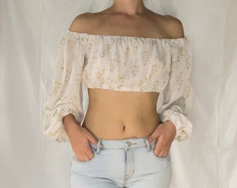 Boho Floral Crop Top Long Sleeve, Off Shoulder Blouse