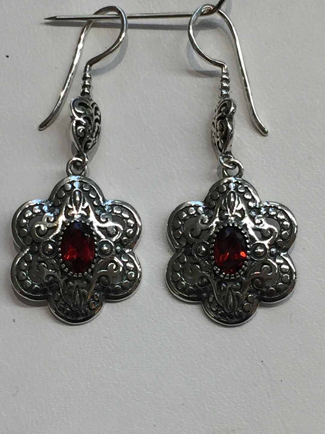 Boucles D'oreilles Pendantes Vintage Argent Sterling 925 - Grenat Rouge, Années 1990