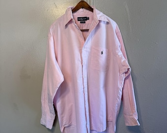 Camisa vintage Ralph Lauren Big Shirt rosa para hombre, talla M, con logo y botones, manga larga.