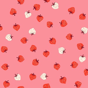 May include: A repeating pattern of red and white strawberries with green stems scattered on a pink background. The strawberries are stylized with a simple, hand-drawn aesthetic, creating a playful and cheerful design.