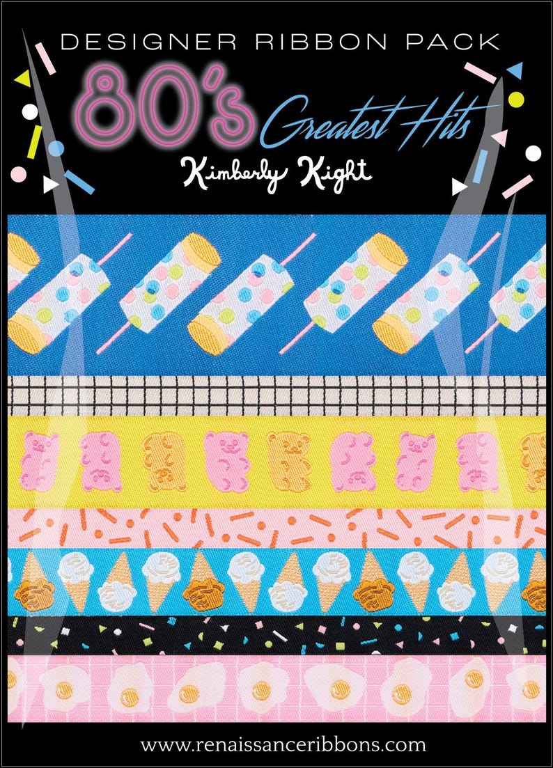 May include: Designer ribbon pack with an 80s theme. The design includes ribbons with popsicles, gummy bears, ice cream cones, and fried eggs. The text on the top reads "80's Greatest Hits" and "Kimberly Kight".