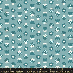 May include: A teal blue fabric with a repeating pattern of white strawberries, mushrooms, flowers, and leaves. The fabric is printed with the text "RUBY STAR SOCIETY" repeated across the bottom.