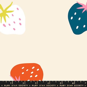 May include: A cream-colored fabric with a repeating pattern of stylized strawberries in white, teal, and orange. Each strawberry has white seeds and a green or pink stem. The text "RUBY STAR SOCIETY" is at the bottom.