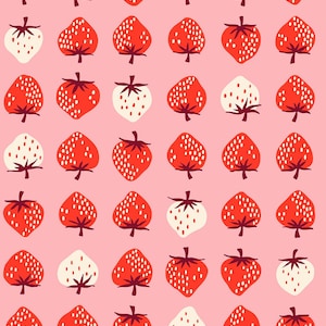 May include: A repeating pattern of stylized strawberries in red and white against a light pink background. The strawberries have dark green stems and are evenly spaced, creating a playful and cheerful design.
