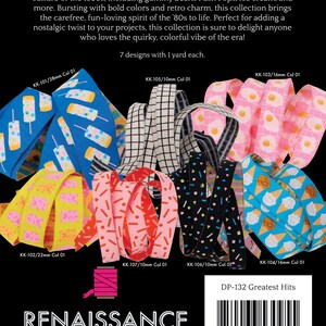 May include: Designer ribbon pack with seven designs, each 0.91 metres long. The ribbons display vibrant patterns inspired by the 1980s, including ice cream cones, fried eggs, and geometric shapes. The pack includes ribbons of various widths, from 10mm to 38mm.