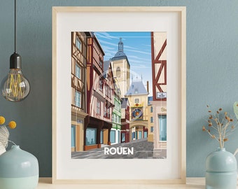 Puede incluir: Una ilustración colorida de una escena callejera en Rouen, Francia. La imagen presenta una calle estrecha bordeada de edificios altos con entramado de madera. Se puede ver una torre del reloj en la distancia, y la calle está pavimentada con adoquines. El texto "ROUEN" está impreso en la parte inferior de la imagen.