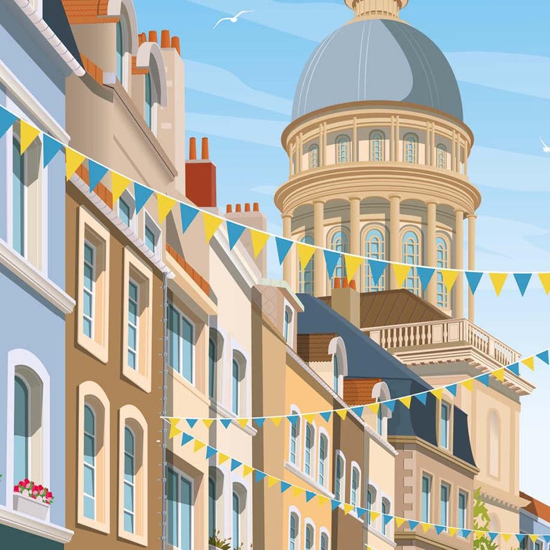 May include: A festive street scene featuring colorful buildings and yellow and blue bunting.  The architecture is European-style, with multiple-story buildings and a large domed structure in the background. The buildings are painted in pastel shades of blue, beige, and yellow.  The bunting adds a celebratory feel to the image. The scene is bright and cheerful, suggesting a celebratory event or festival.